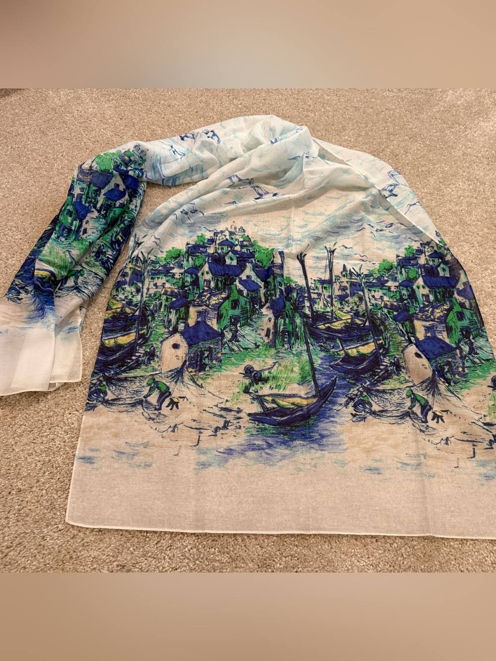 Talbots Scenic Boat & Village Print Long Scarf/Wrap NWOT